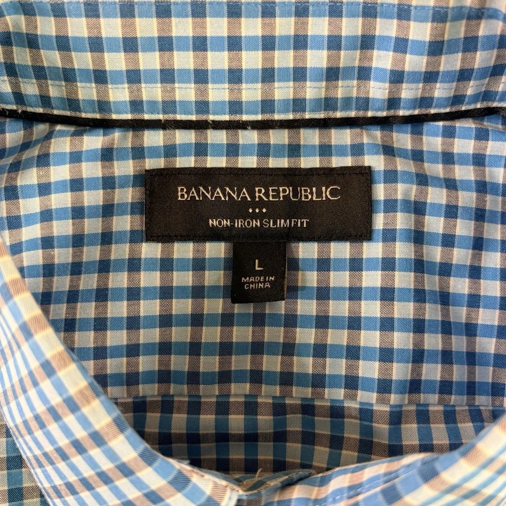 BANANA REPUBLIC Slim Fit Non Iron Blue Check 100% Cotton Button Down Shirt L